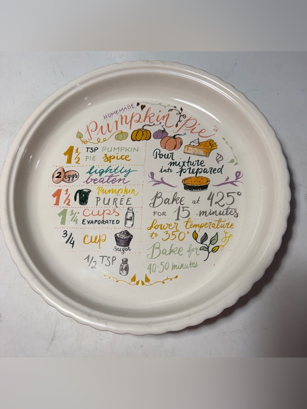 Ceramic Pumpkin Pie Recipe Plate - White with Orange, Green, Purple, Gold Acc